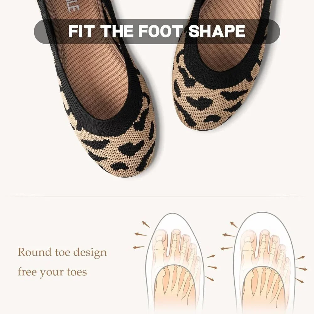 Women's Leopard Round Toe Slip On Dressy Casual Comfort Soft Flat Ballet Shoes - Picture 5 of 5